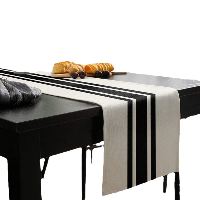 Nauja tarpvalstybinė geometrinė dryžuota lininė stalo vėliavėlė, juodai balta, languota staltiesė, namų dekoravimo staltiesė, arbatos vėliavėlė, arbatos staliukas