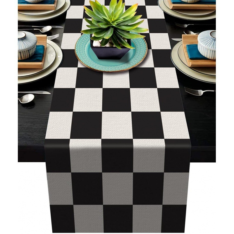 Nauja tarpvalstybinė geometrinė dryžuota lininė stalo vėliavėlė, juodai balta, languota staltiesė, namų dekoravimo staltiesė, arbatos vėliavėlė, arbatos staliukas
