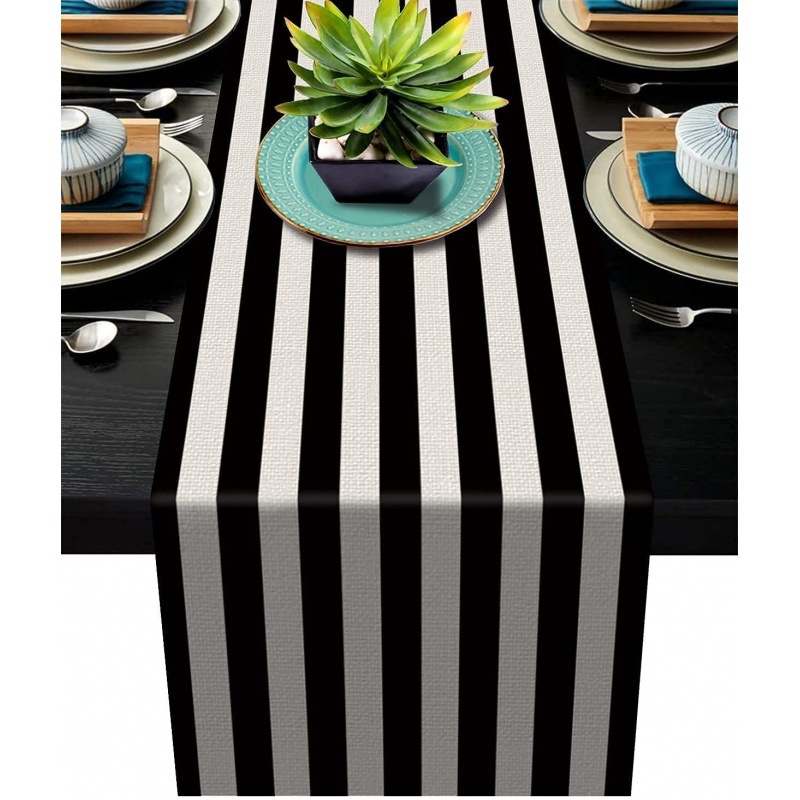 Nauja tarpvalstybinė geometrinė dryžuota lininė stalo vėliavėlė, juodai balta, languota staltiesė, namų dekoravimo staltiesė, arbatos vėliavėlė, arbatos staliukas