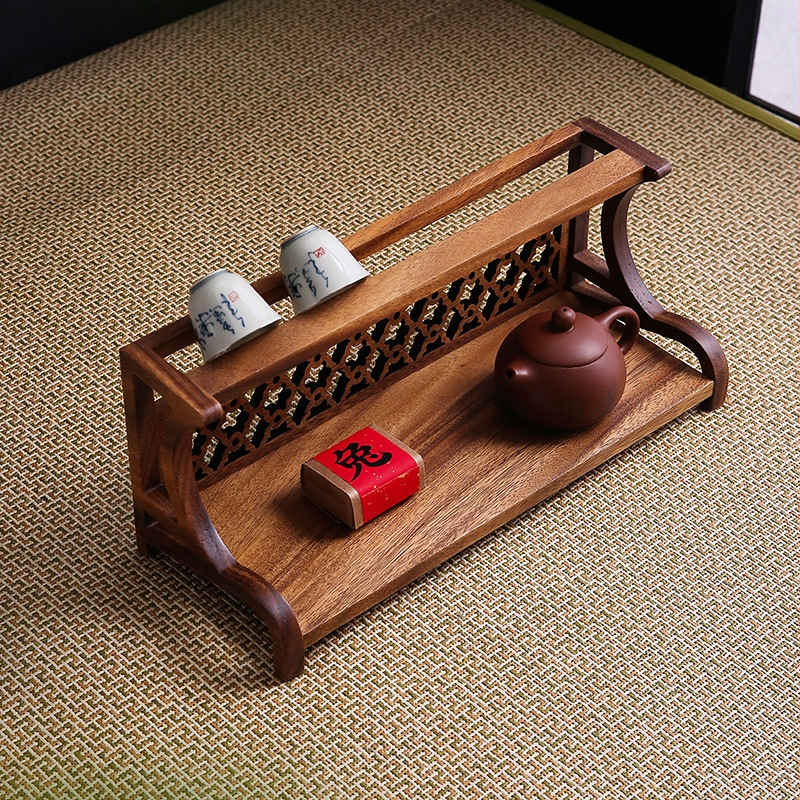 Naujas riešuto spalvos dvigubo naudojimo puodelių laikiklis arbatos puodeliams arbatinukams laikyti antikvarinis stovas nauja kiniško stiliaus arbatos lentyna arbatos staliukas laikymo lentyna