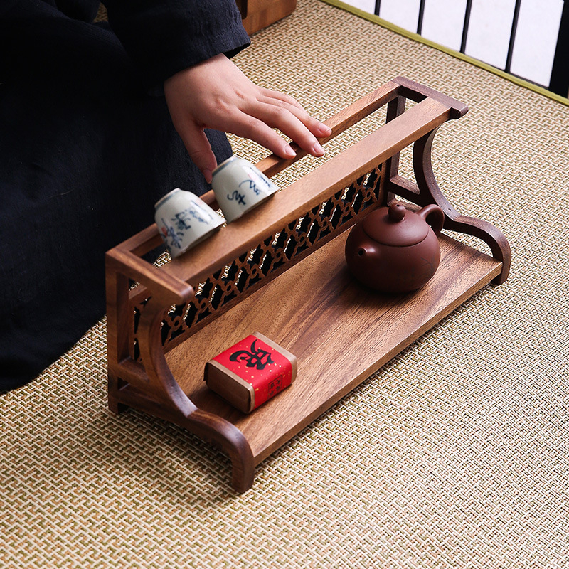 Naujas riešuto spalvos dvigubo naudojimo puodelių laikiklis arbatos puodeliams arbatinukams laikyti antikvarinis stovas nauja kiniško stiliaus arbatos lentyna arbatos staliukas laikymo lentyna