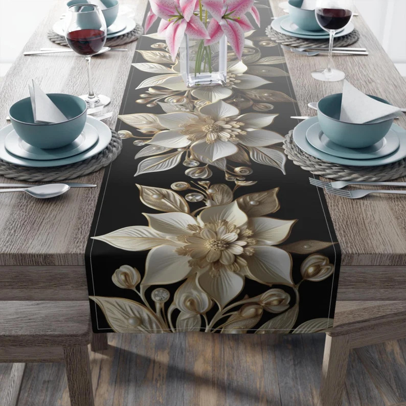 Piiriülene temu kuum müük mood mustvalge geomeetrilise lootosemustriga boheemlaslikus stiilis lauajooksja lauakaunistus