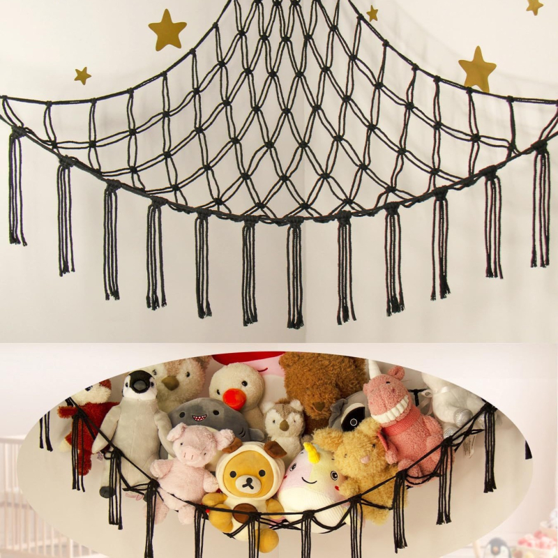 boheemlaslik kootud mänguasjade hoiuvõrgu tasku kolmnurkne mänguasjavõrgu tasku magamistoa nurga hoiuvõrk