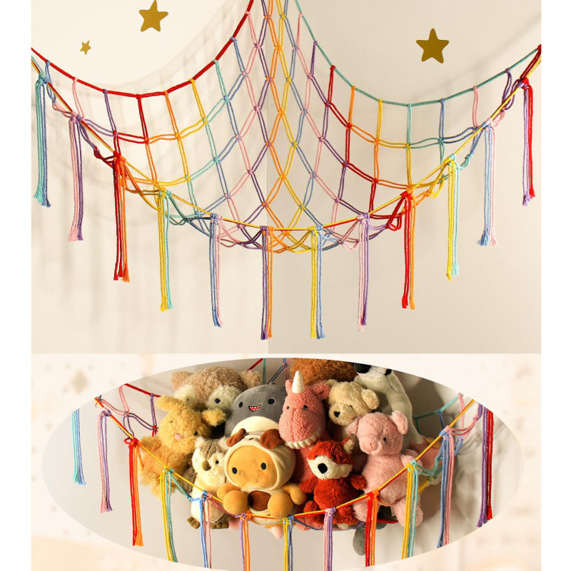 boheemlaslik kootud mänguasjade hoiuvõrgu tasku kolmnurkne mänguasjavõrgu tasku magamistoa nurga hoiuvõrk