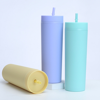 Νέο πλαστικό διπλής στρώσης 16oz με παγωμένο κύπελλο εξωτερικού εμπορίου, SKINNY, καουτσούκ, καλαμάκι βαφής, κύπελλο μεγάλης χωρητικότητας