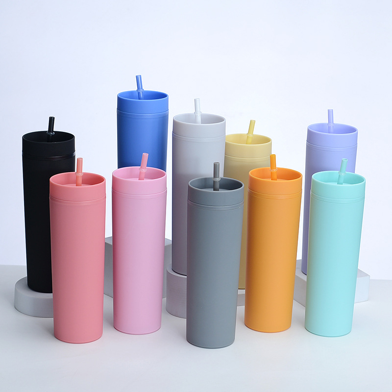 Νέο πλαστικό διπλής στρώσης 16oz με παγωμένο κύπελλο εξωτερικού εμπορίου, SKINNY, καουτσούκ, καλαμάκι βαφής, κύπελλο μεγάλης χωρητικότητας