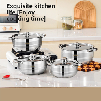Tarpvalstybinis, karšto pardavimo nerūdijančio plieno sriubos puodo kombinuotas puodas, tinkantis sustorintu kompoziciniu dugnu, virtuvės reikmenų rinkinys, aštuonių dalių puodas