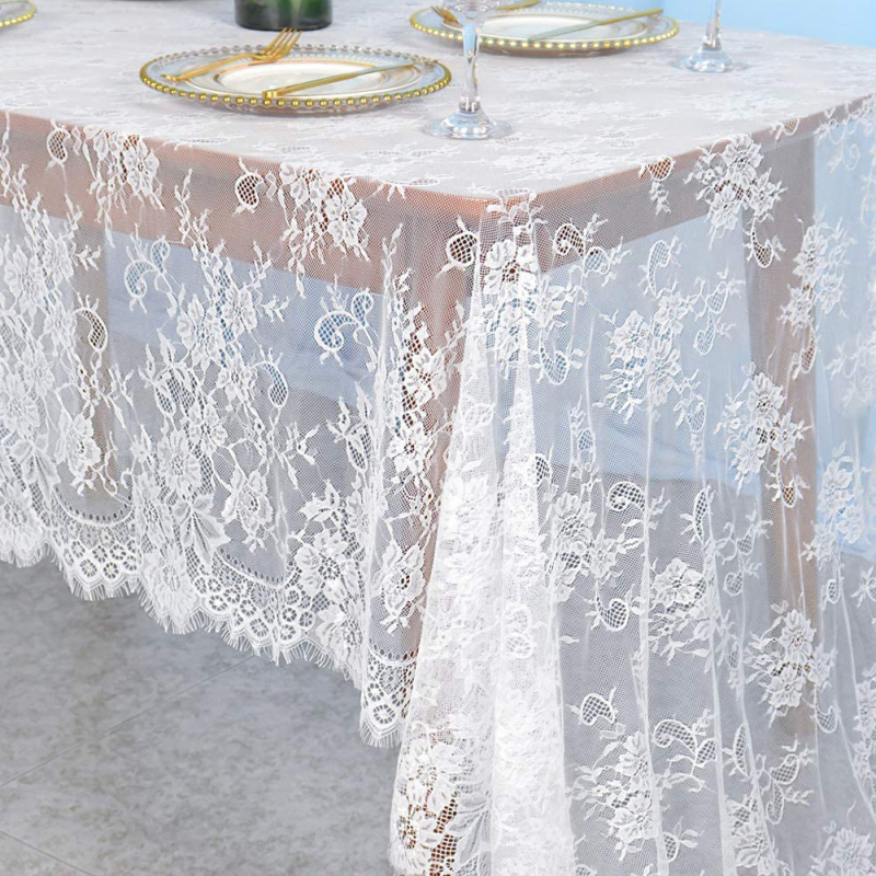 Față de masă din dantelă franceză, dantelă albă și neagră, cu flori, pentru nuntă, romantică