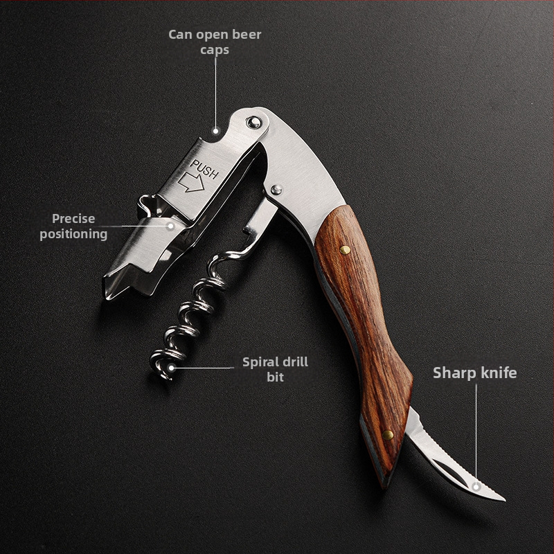 Otvárač na víno z nehrdzavejúcej ocele, nôž Seahorse, multifunkčný otvárač na víno z masívneho dreva s nápisom LOGO.