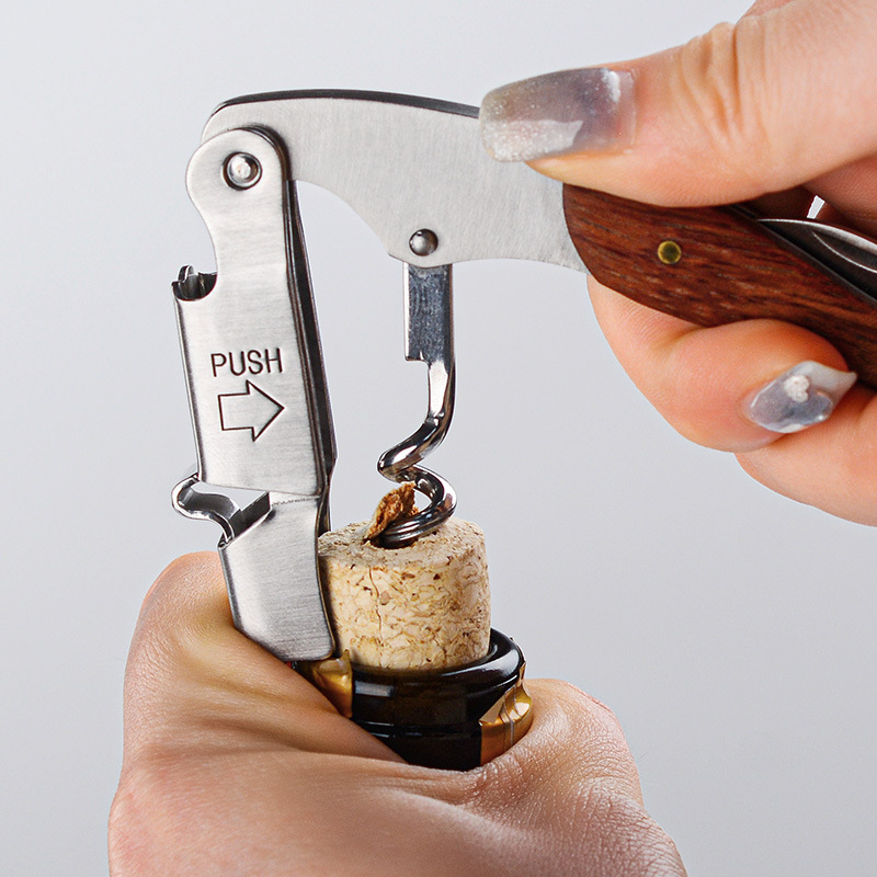 Нож от неръждаема стомана Seahorse, отварачка за вино, многофункционална, отварачка за вино от масивна дървесина, с лого и надпис.