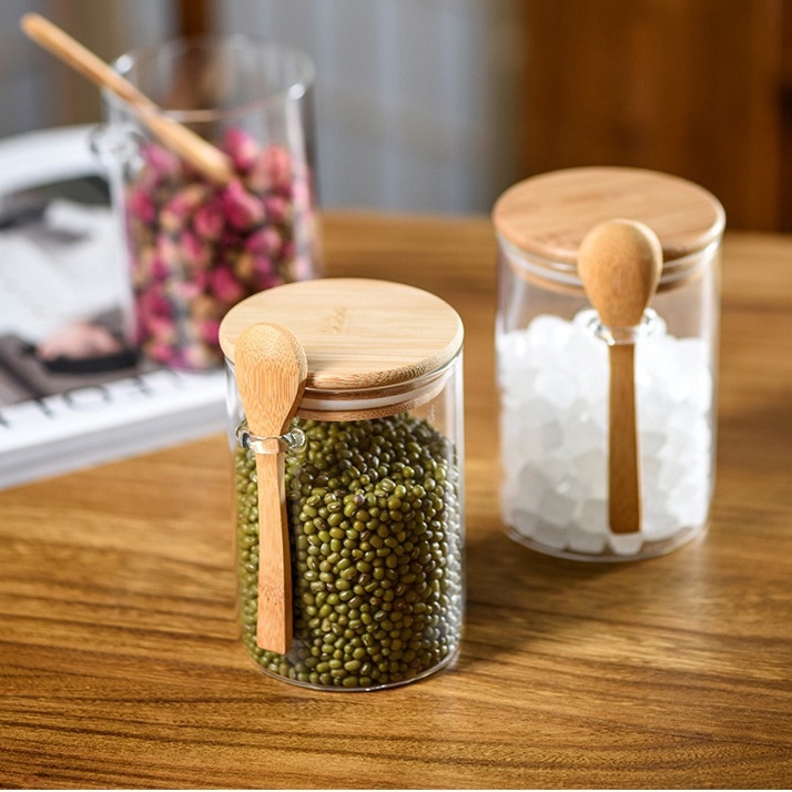 Okrúhla nádoba z borosilikátového skla s lyžičkou, priehľadná sklenená nádoba na korenie s lyžičkou, kuchynské zrná, fľaša na sušené ovocie