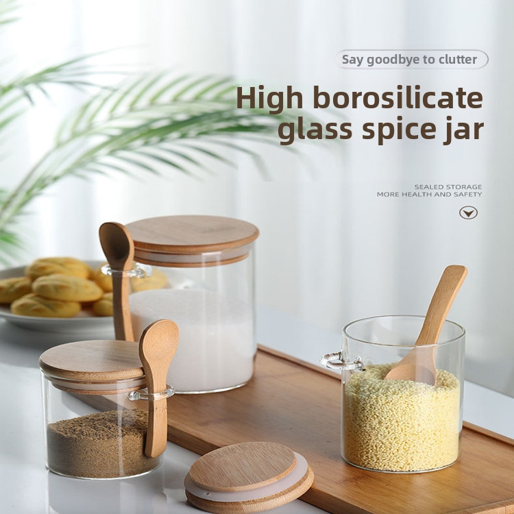 Кръгъл буркан от боросиликатно стъкло с лъжичка, прозрачен буркан за подправки с лъжичка, кухненски зърна, бутилка за съхранение на сушени плодове
