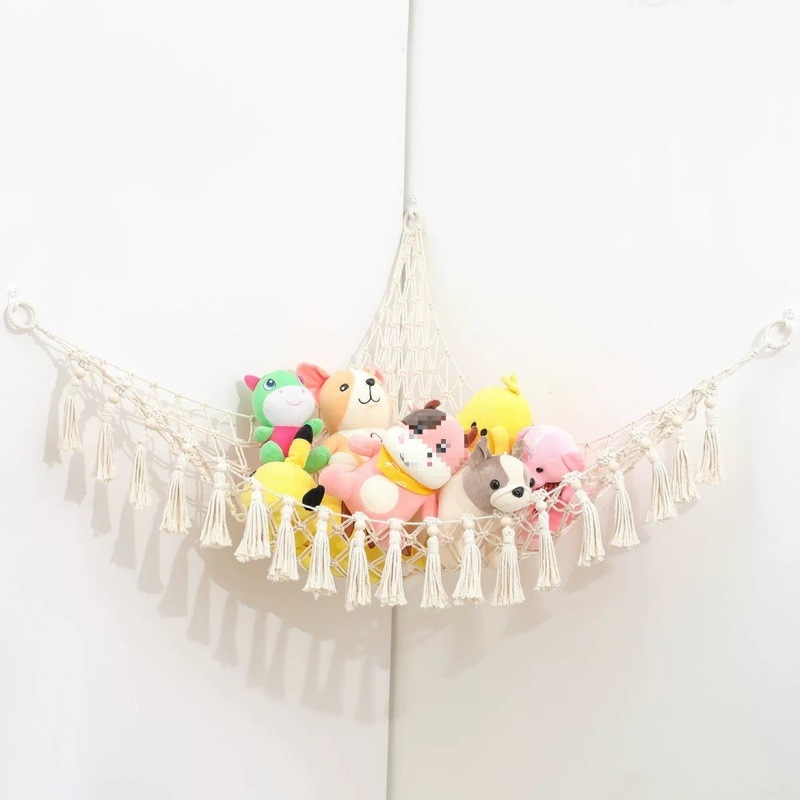 Мрежа за съхранение на кукли в ъгъла, триъгълна люлка, хамак, мрежа с джоб, ръчно тъкано памучно въже, декорация за стената