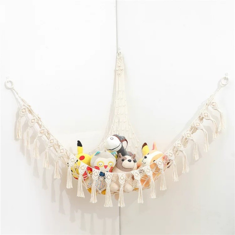 Мрежа за съхранение на кукли в ъгъла, триъгълна люлка, хамак, мрежа с джоб, ръчно тъкано памучно въже, декорация за стената