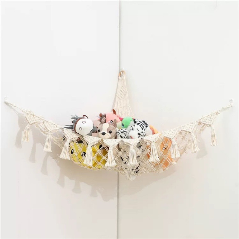Мрежа за съхранение на кукли в ъгъла, триъгълна люлка, хамак, мрежа с джоб, ръчно тъкано памучно въже, декорация за стената