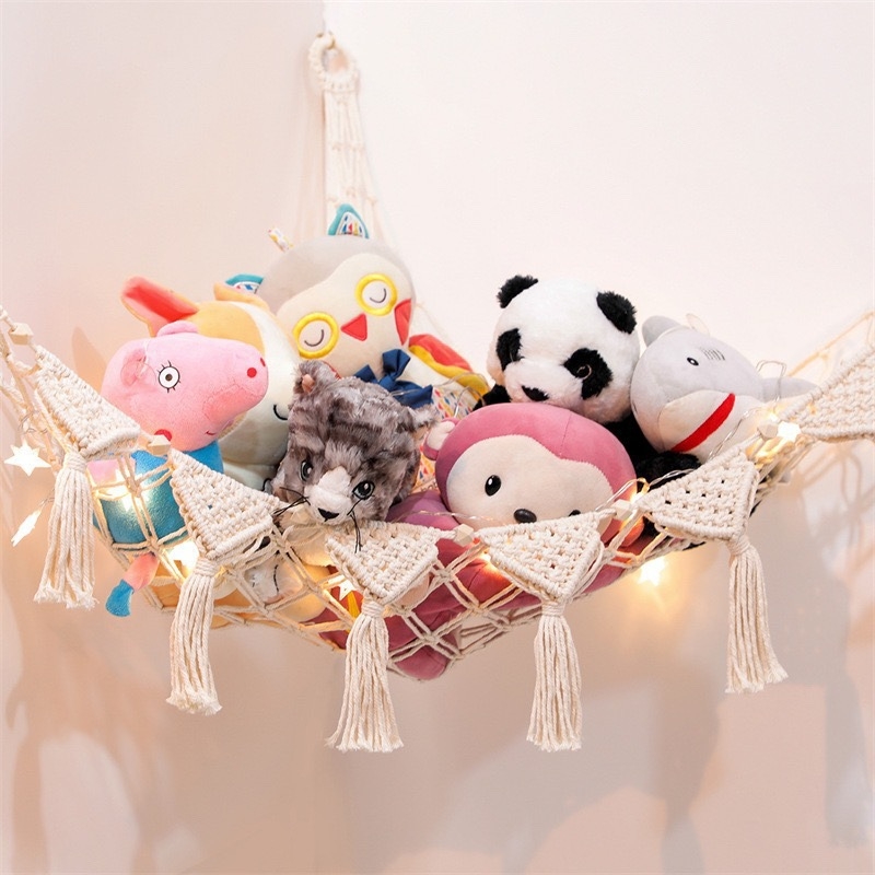 Мрежа за съхранение на кукли в ъгъла, триъгълна люлка, хамак, мрежа с джоб, ръчно тъкано памучно въже, декорация за стената