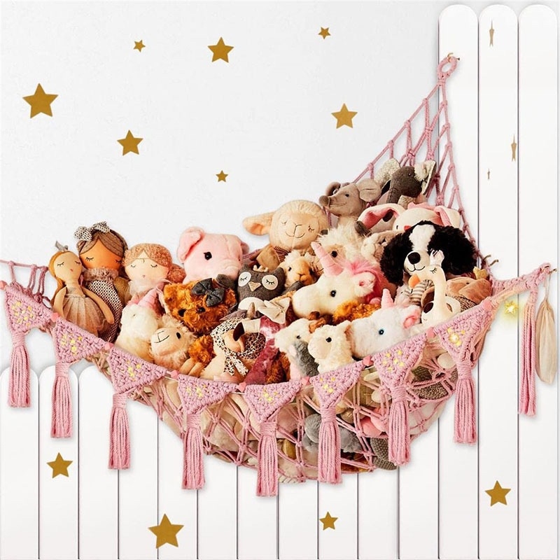 Мрежа за съхранение на кукли в ъгъла, триъгълна люлка, хамак, мрежа с джоб, ръчно тъкано памучно въже, декорация за стената