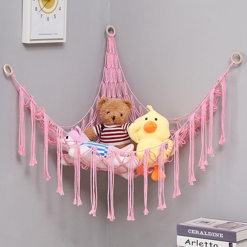 Мрежа за съхранение на кукли в ъгъла, триъгълна люлка, хамак, мрежа с джоб, ръчно тъкано памучно въже, декорация за стената