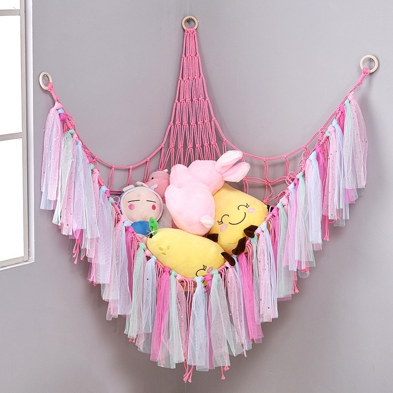 Мрежа за съхранение на кукли в ъгъла, триъгълна люлка, хамак, мрежа с джоб, ръчно тъкано памучно въже, декорация за стената