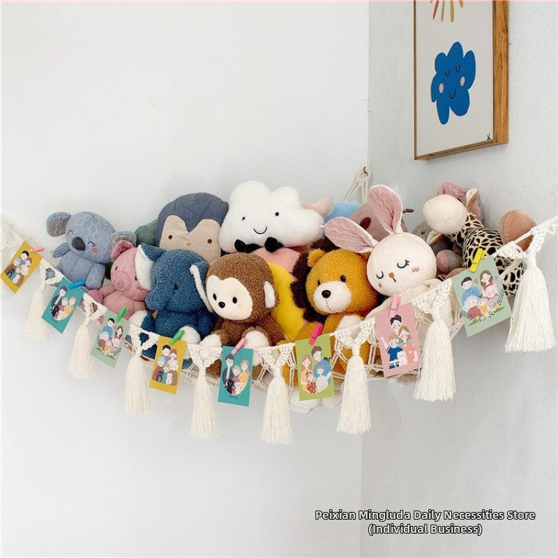 Мрежа за съхранение на кукли в ъгъла, триъгълна люлка, хамак, мрежа с джоб, ръчно тъкано памучно въже, декорация за стената