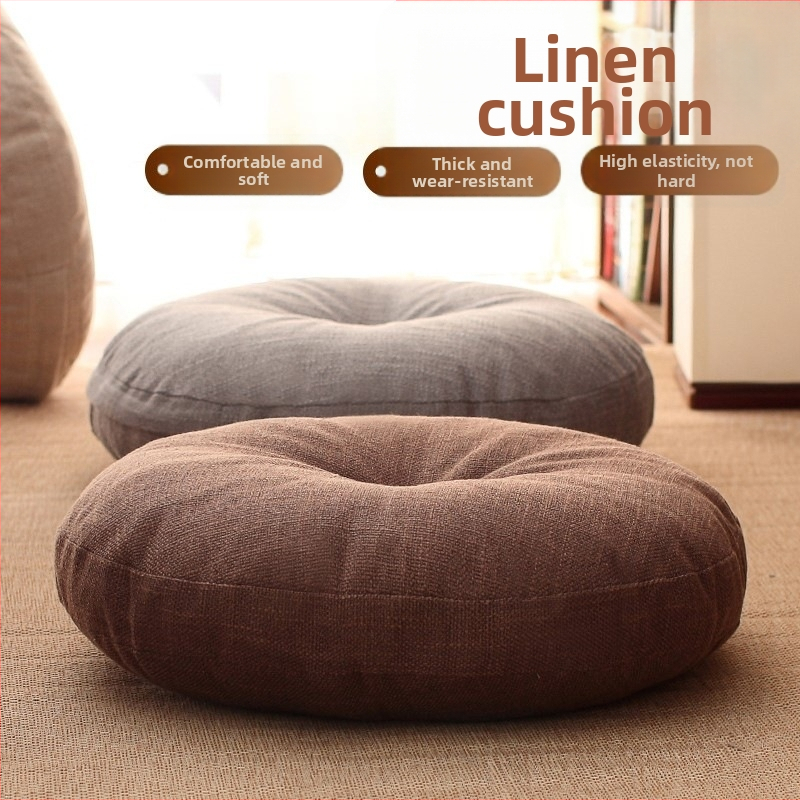 Ленена възглавница футон, удебелена кръгла платнена възглавница за балкон, татами възглавница в японски стил, възглавница за еркер, възглавница за йога на пода