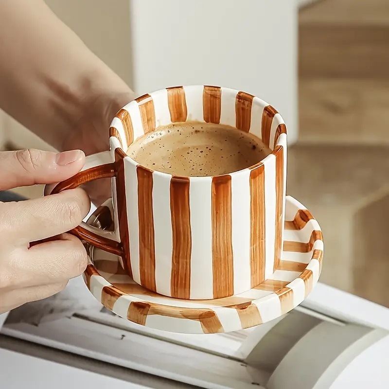 Скандинавска винтидж чаша за кафе, чаша за мляко, чаша за вода, ръчно рисувана на райета, офис, домакински, средновековен, закуска, керамична чаша