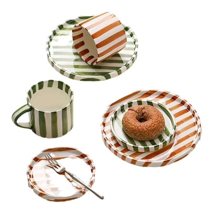 Скандинавска винтидж чаша за кафе, чаша за мляко, чаша за вода, ръчно рисувана на райета, офис, домакински, средновековен, закуска, керамична чаша