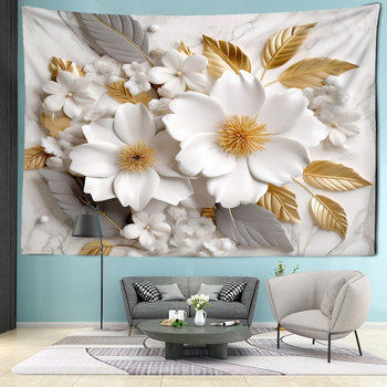 Златен лист Бяло цвете Гоблен Стенен гоблен Бохемско минималистично изкуство Хипи Спалня Хол Декорация за дома Фон Плат