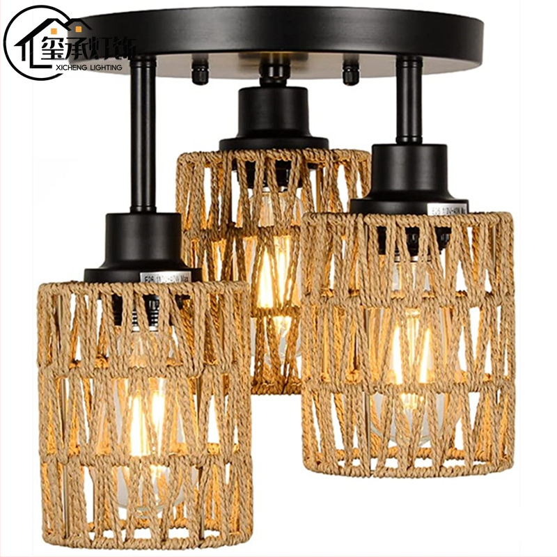 Americký luster z imitácie konopného lana, tkaný v domácnosti, pastoračná reštaurácia, čajovňa, hostinec, bar, spálňa, ručne vyrobená trojhlavá stropná lampa