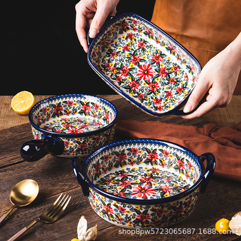 Lenkiško keraminio dubenėlio su rankena buitinė lėkštė kepimo dubenėlis su dviguba ausimi sriubos dubenėlis salotoms greito paruošimo makaronų dubenėlis retro stalo įrankiai „Amazon“