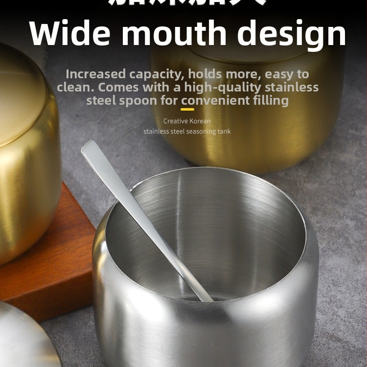 Буркан за подправки от неръждаема стомана в корейски стил, кухненски буркан за чили и соев сос, солница с лъжица, кутия за подправки, креативен златен буркан