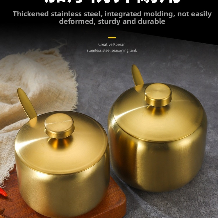 Буркан за подправки от неръждаема стомана в корейски стил, кухненски буркан за чили и соев сос, солница с лъжица, кутия за подправки, креативен златен буркан