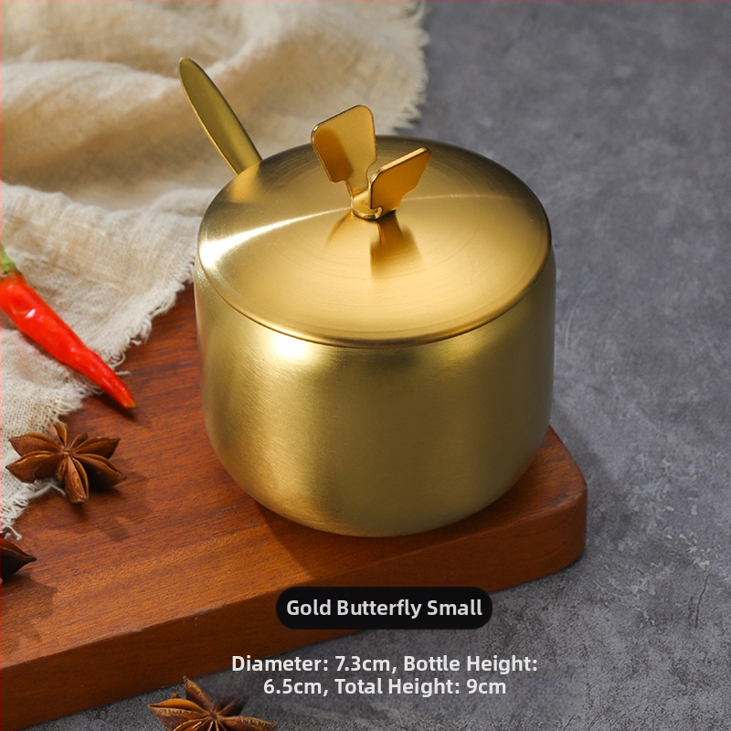 Korėjietiško stiliaus nerūdijančio plieno prieskonių buteliukas, virtuvės čili, sojų padažo indelis, druskos indelis su šaukštu, prieskonių dėžutė, kūrybingas auksinis indelis