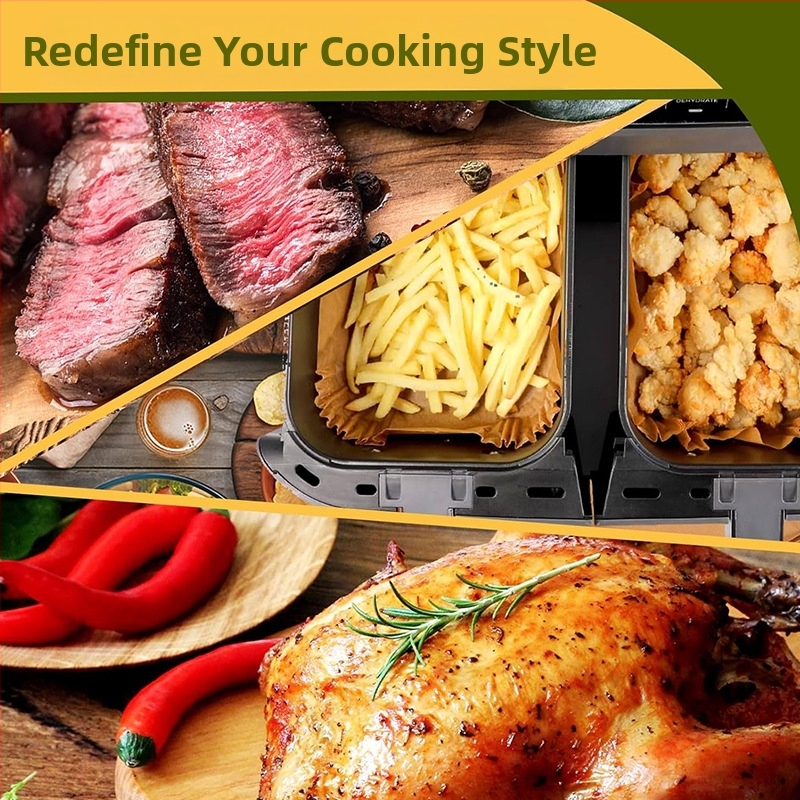 Фритюрник с двоен съд за горещ въздух Cross Border, правоъгълен фритюрник с горещ въздух, хартиена купа Ninja, двоен съд, пергаментова хартия за печене, силиконова хартия за олио