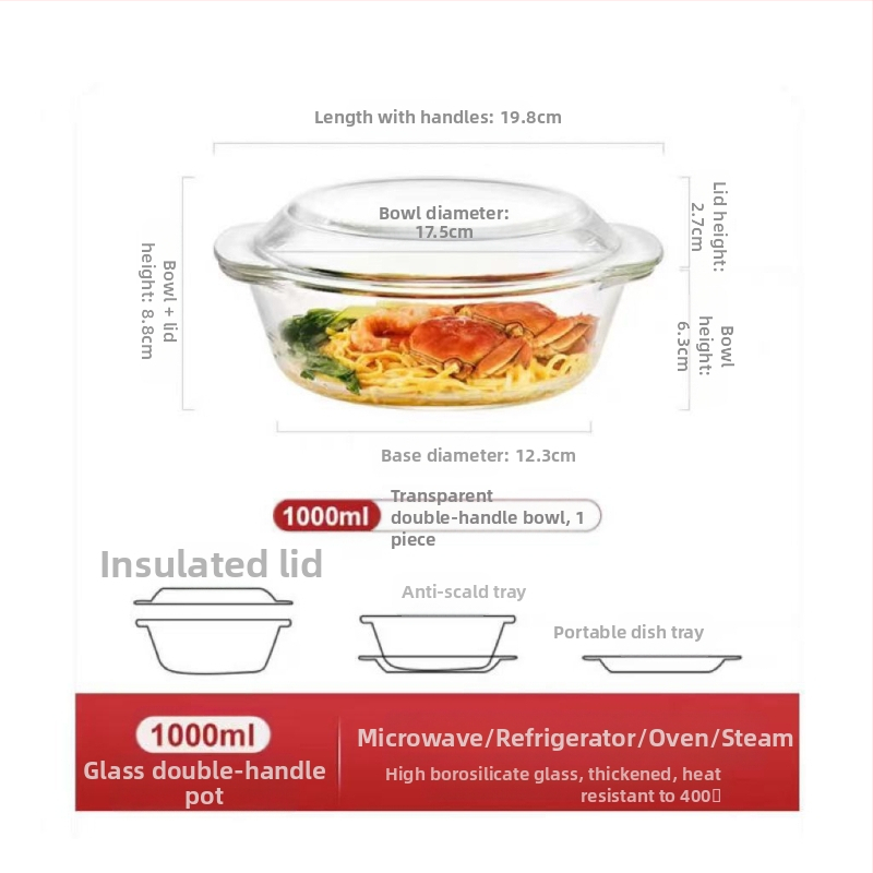 Klaaskauss kaanega, spetsiaalne mikrolaineahju kuumutamiseks mõeldud taldrik, kõrge temperatuurikindel majapidamiskauss, suur supikauss, munasupp, aurutatud munakauss
