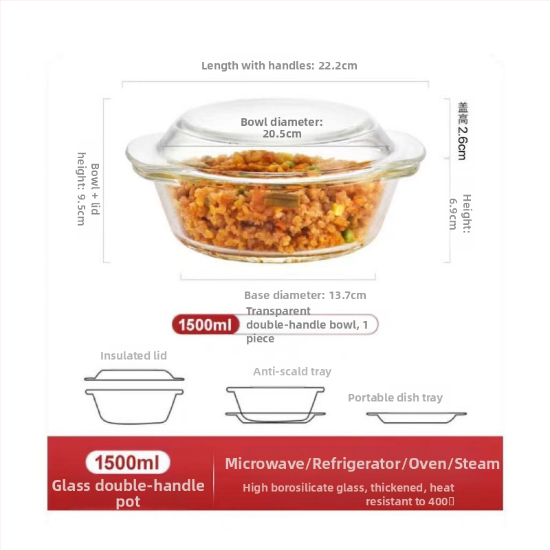 Klaaskauss kaanega, spetsiaalne mikrolaineahju kuumutamiseks mõeldud taldrik, kõrge temperatuurikindel majapidamiskauss, suur supikauss, munasupp, aurutatud munakauss