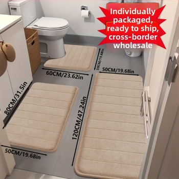 Tarpvalstybiniai didmeniniai koralinio aksomo kilimėliai namams, atsparūs dėmėms, neslystantys kilimėliai, trijų dalių tualeto kilimėlių rinkinys, sugeriantys vonios kambario kilimėliai kojoms