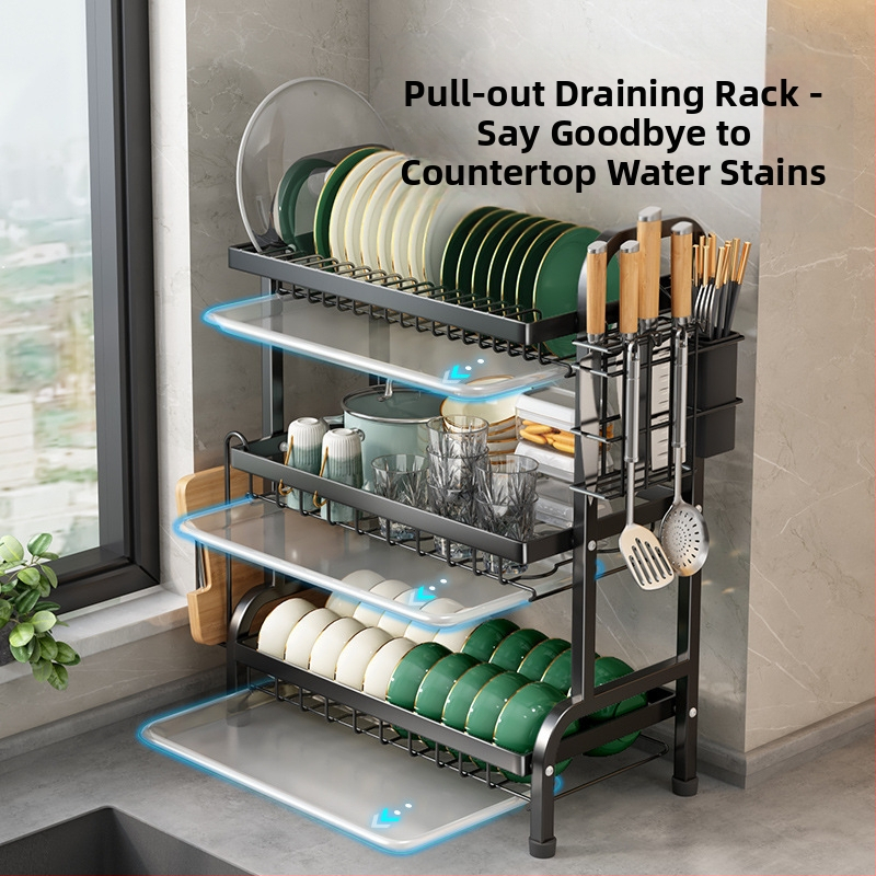 Поставка за съдове, поставка за оттичане, кухненска многослойна поставка за съдове за хранене, поставка за оттичане на чинии, сушилня за купи, поставка за контрол на водата, многофункционална поставка за съдове