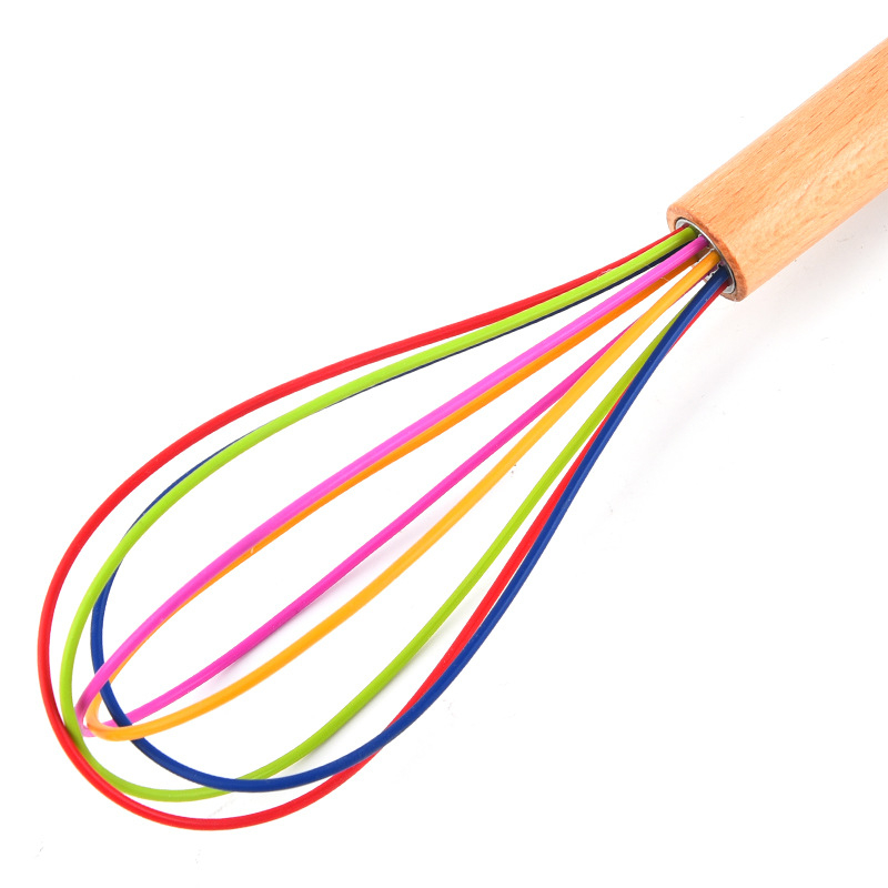 Medinės rankenos spalvos rankinis silikoninis kiaušinių plaktuvas rankinis skysčio maišymo lazdelės grietinėlės dozatorius virtuvės buitiniai įrankiai