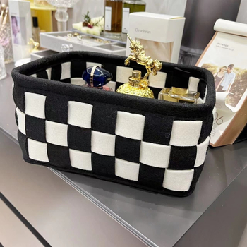 Кошница за съхранение от филц, винтидж семпла кутия за съхранение с шахматна дъска, кошница за съхранение на козметични принадлежности, кутия за съхранение на плот