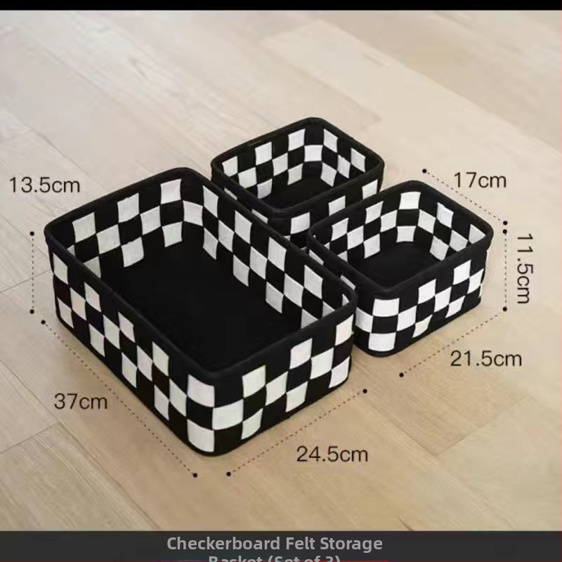 Кошница за съхранение от филц, винтидж семпла кутия за съхранение с шахматна дъска, кошница за съхранение на козметични принадлежности, кутия за съхранение на плот