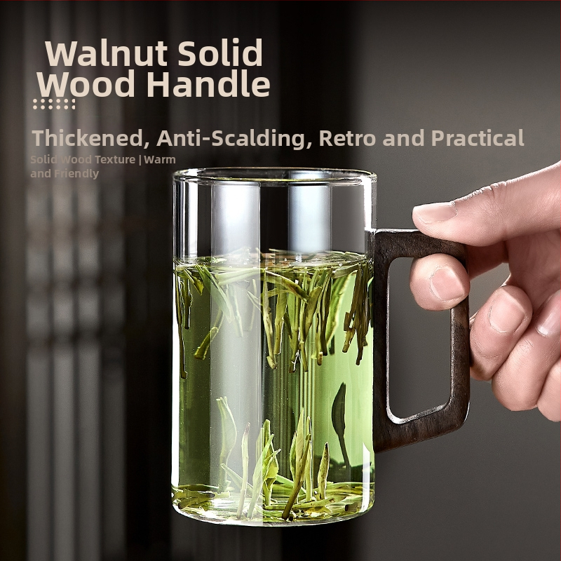 Стъклена чаша, чаша за зелен чай, японска чаша за чай с дръжка, чаша за чай, устойчива на висока температура офис питейна вода, чаша с дървена дръжка, устойчива на изгаряне