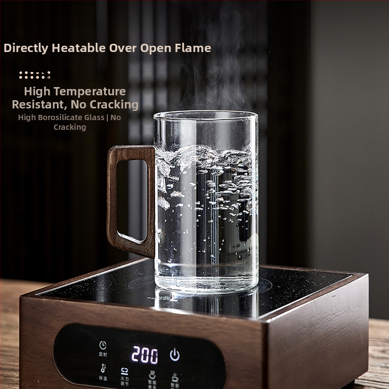 Стъклена чаша, чаша за зелен чай, японска чаша за чай с дръжка, чаша за чай, устойчива на висока температура офис питейна вода, чаша с дървена дръжка, устойчива на изгаряне