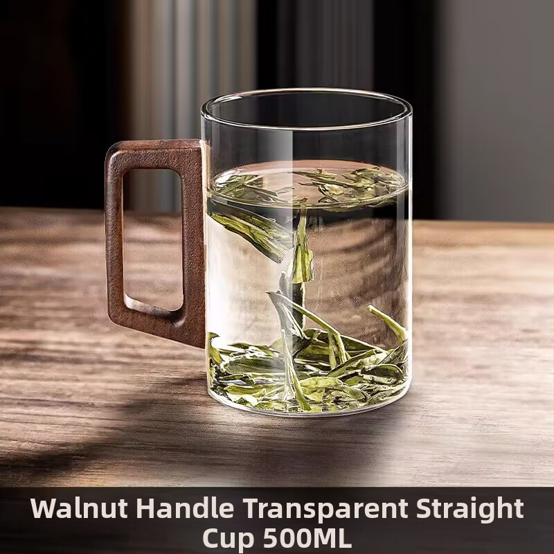 Стъклена чаша, чаша за зелен чай, японска чаша за чай с дръжка, чаша за чай, устойчива на висока температура офис питейна вода, чаша с дървена дръжка, устойчива на изгаряне