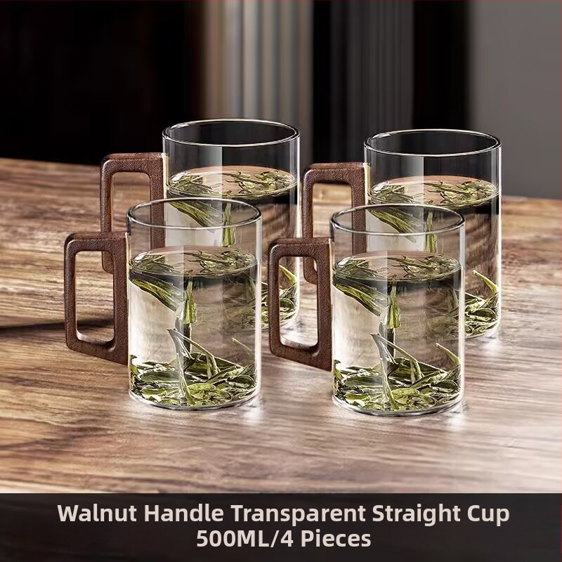 Стъклена чаша, чаша за зелен чай, японска чаша за чай с дръжка, чаша за чай, устойчива на висока температура офис питейна вода, чаша с дървена дръжка, устойчива на изгаряне