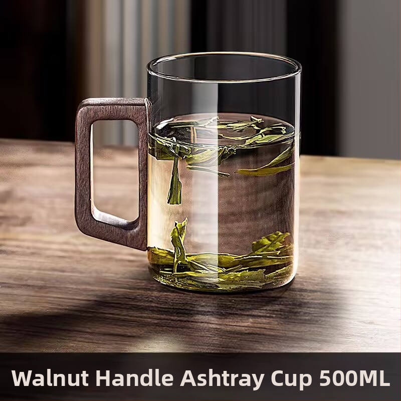 Стъклена чаша, чаша за зелен чай, японска чаша за чай с дръжка, чаша за чай, устойчива на висока температура офис питейна вода, чаша с дървена дръжка, устойчива на изгаряне