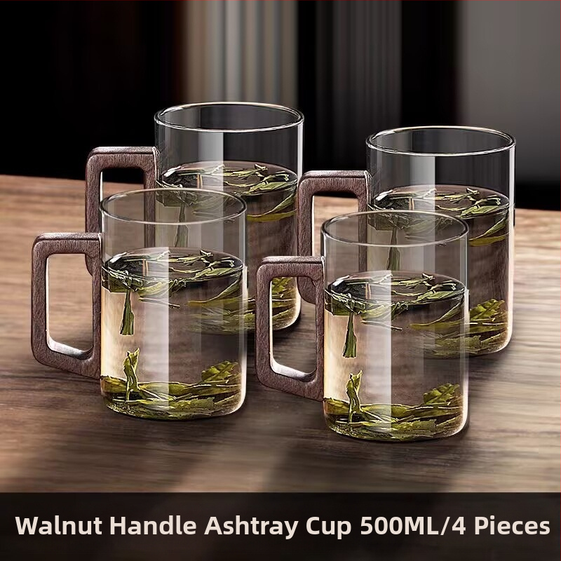 Стъклена чаша, чаша за зелен чай, японска чаша за чай с дръжка, чаша за чай, устойчива на висока температура офис питейна вода, чаша с дървена дръжка, устойчива на изгаряне