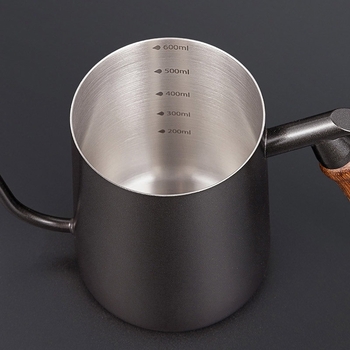 600 ml medžio masyvo rankenos pakabinamas kavos virimo puodas su ausimis, nerūdijančio plieno, plonos burnos puodas, smailios burnos puodas, ilgas burnos puodas, rankinis lauko puodas