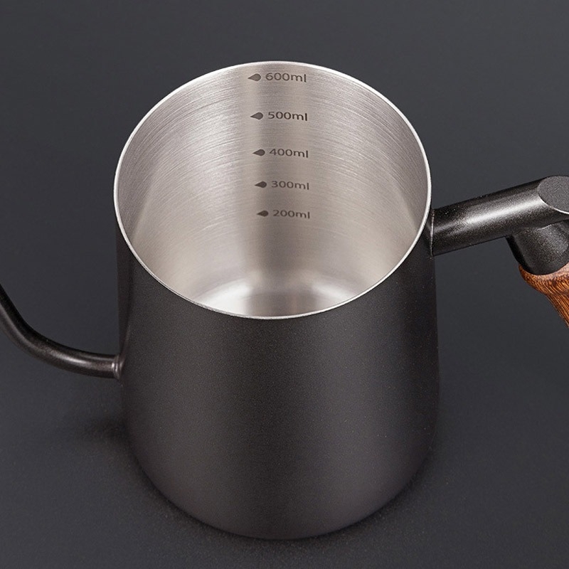 600 ml medžio masyvo rankenos pakabinamas kavos virimo puodas su ausimis, nerūdijančio plieno, plonos burnos puodas, smailios burnos puodas, ilgas burnos puodas, rankinis lauko puodas