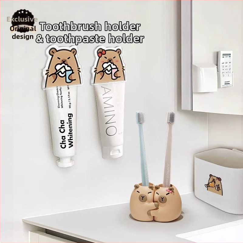 Kūrybingos poros vonios kambario neperforuotas dantų šepetėlių laikiklis, laikymo lentynėlė, mielas dantų laikymo dantų pastos laikiklis, veido valiklio laikiklis